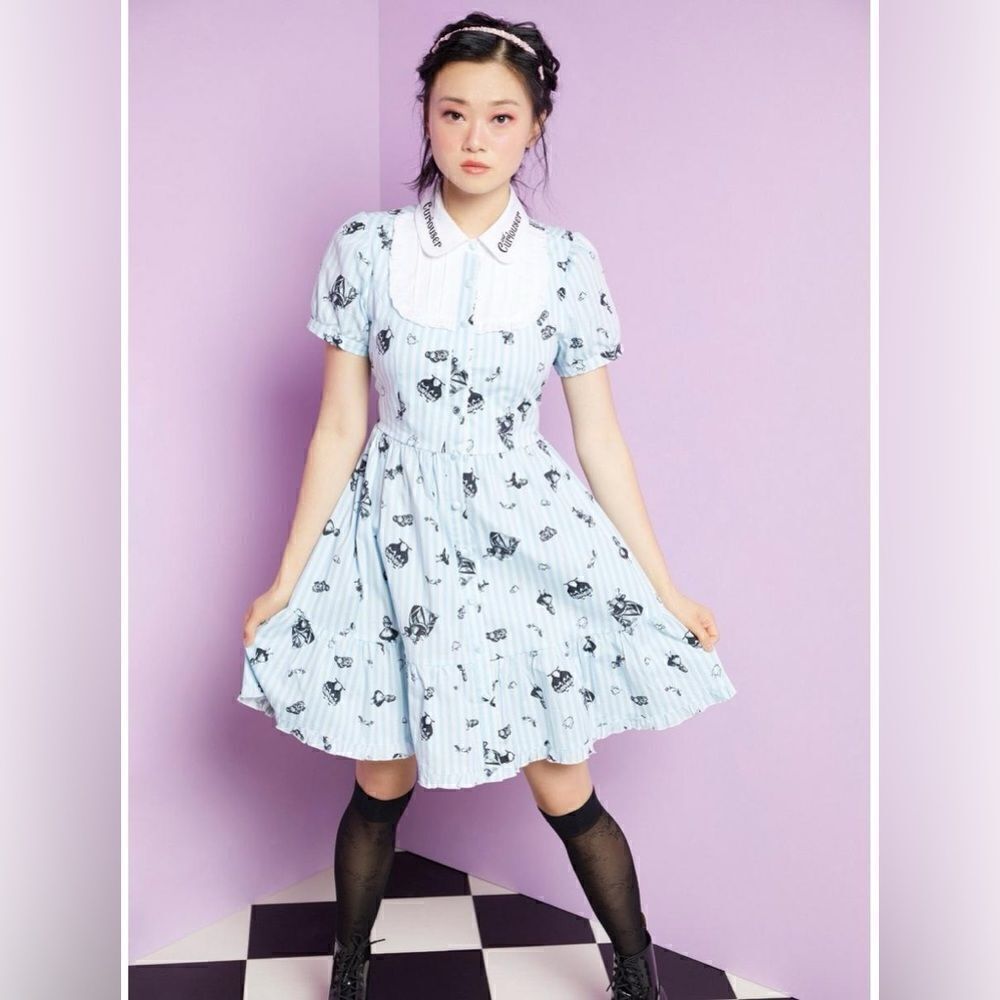 DISNEY Alice In Wonderland Twee Dress Peter Pan Collar Fit Flare Mini Dress